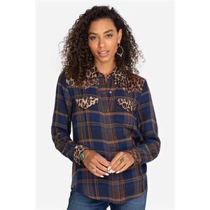 Johnny Was‎ Workshop Leopard Plaid Mix Western Button-Up Shirt XS Boho Flannel